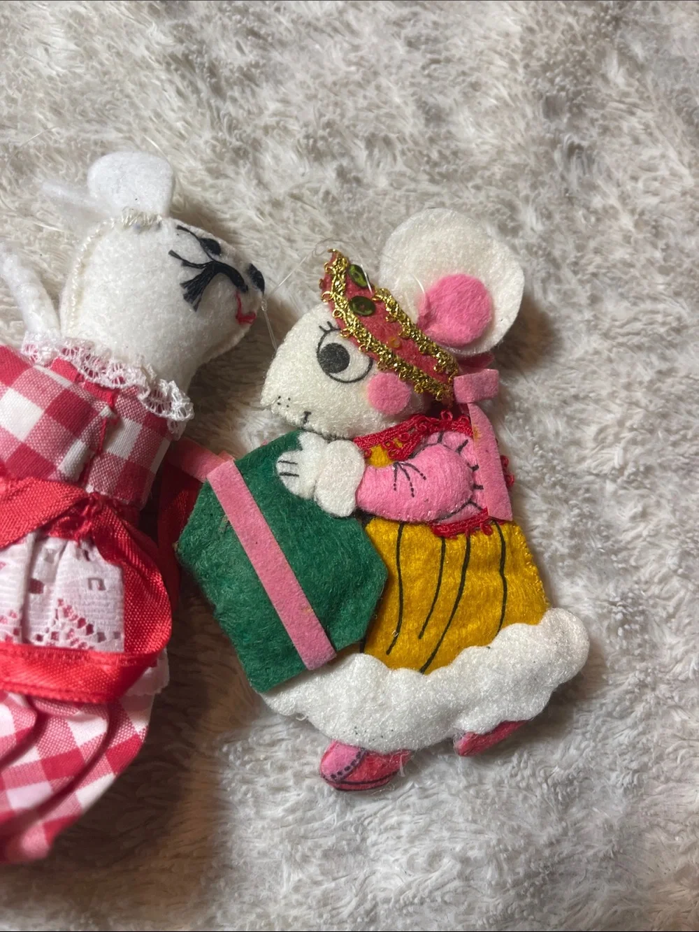Vintage Felt Christmas Mouse Ornaments - Red, Pink, Yellow, Green, White